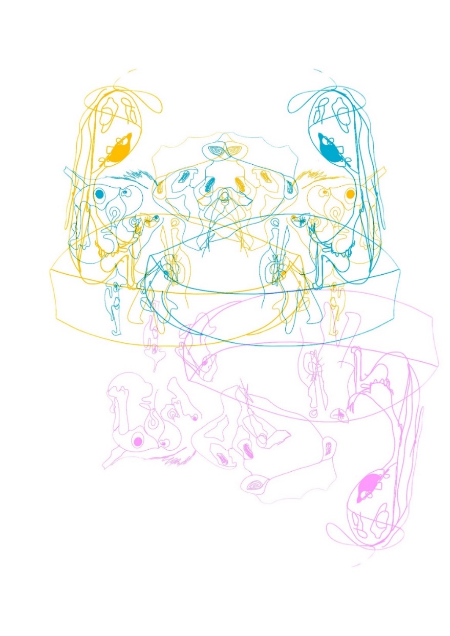 Layered yellow, teal and pink line drawings of figures in a boat