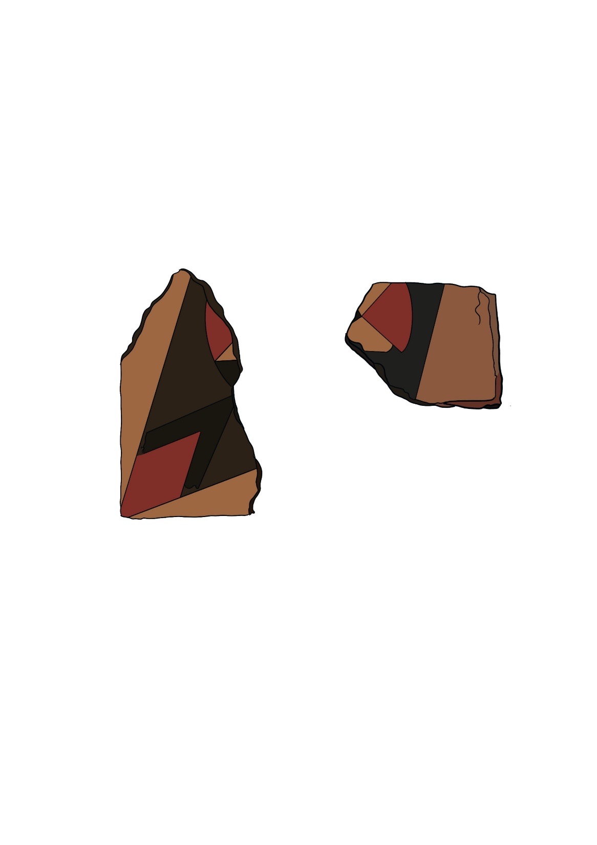 Two stone fragments drawn in flat brown, red and black shapes