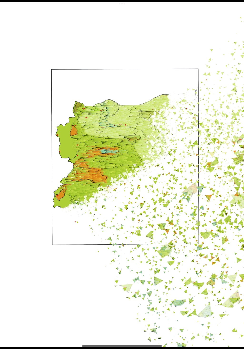 A green map dissolving into scattered triangular fragments